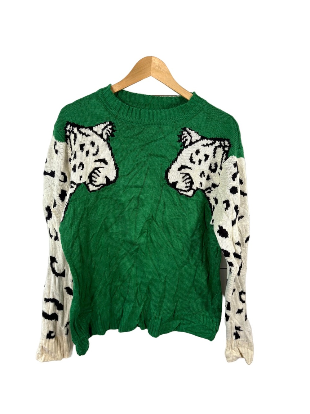 Women’s XL Green Leopard Intarsia Sweater Cream Animal Print Long Sleeve Knit